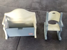 Vintage Little Tikes Dollhouse Size Blue Toy Box Storage Bench Rocking Chair