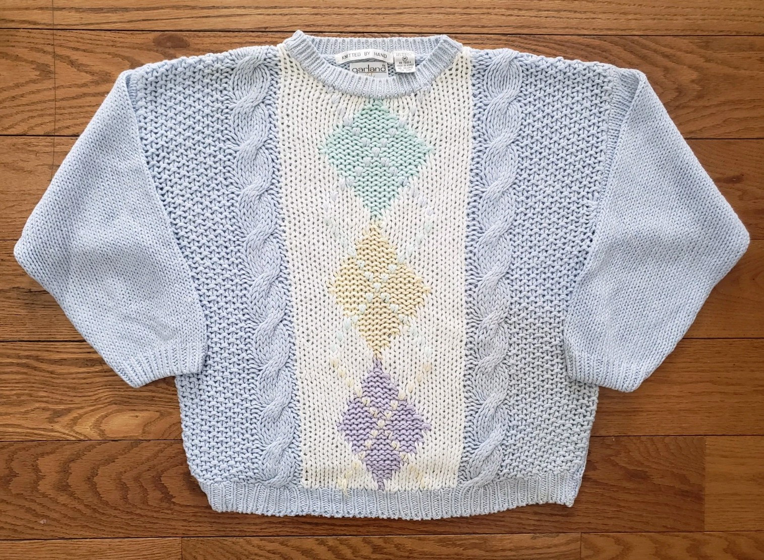 Vintage 80s Womens Medium Sweater Pastel Hand Knit USA Crewneck Aztec 90s