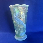 Fenton Iridescent Carnival Glass Vase Green/Blue Peacock Floral Signed R. Bayne