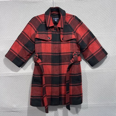 Gap Coat Womens M Red Buffalo Check Plaid Belted Wool Blend Collared Waist-Tie