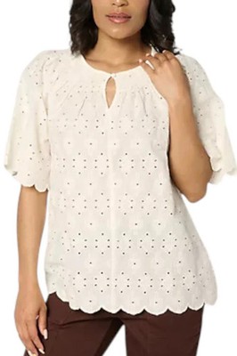 LOGO Lavish by Lori Goldstein Women's Eyelet Top Ivory Lace