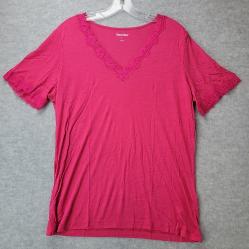 WinterSilks T Shirt Short Sleeve Cerise V Neck Base Layer Lace Womens L NWT