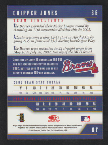 CHIPPER JONES 2003 Donruss Team Heroes STAT LINE #36 SP Parallelo #044/100 - Foto 2 di 2
