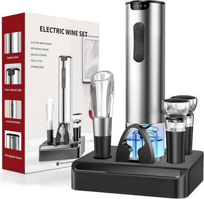 Electric Wine Opener, Automatic Wine Opener with Foil Cutter, Vacuum Stopper, Po