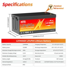12V 400Ah LiFePO4 Deep Cycle Lithium Battery 200A BMS RV Solar Off-grid Marine