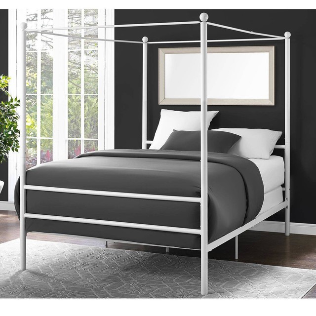 Canopy Bed Frame Full Size Metal Princess Girls Kids Bedroom Furniture White New