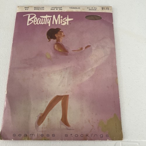 Vintage Beauty Mist Seamless Stockings Tanglo 8 1/2 -9 1/2 Nude Heel Demi Toe