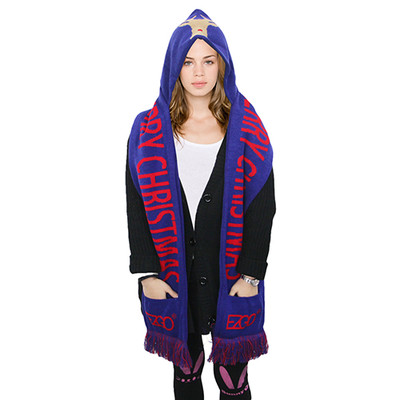 3 in 1 Unisex Winter Warm Knit Plush Long Hooded Hat Cap Hooded Scarf Gloves
