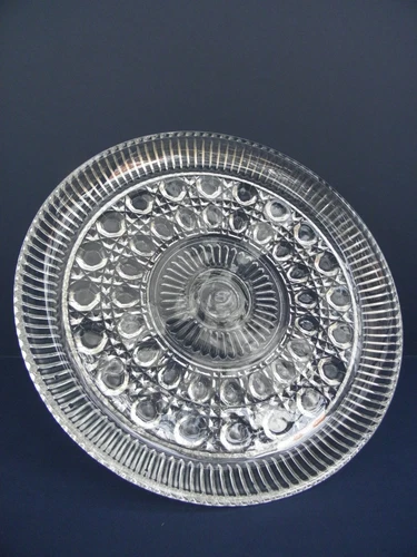 VTG Windsor Clear 11” Cake Plate Footed Federal Glass Pressed Button & Cane