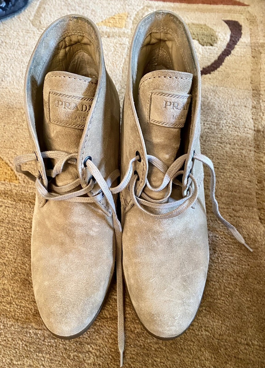 PRADA SPORT Beige Suede Lace Up Wedge Ankle Boots size 38 7.5-8