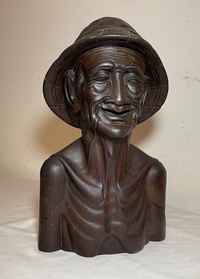 Antiguo busto escultura estatua busto anciano balinés madera tallada a mano Foto 2 de 4