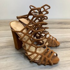 SCHUTZ Jaden Sandal Brown Caged Nubuck Suede Block Heel Size 37 US 7