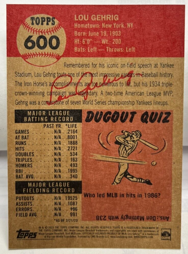 Lou Gehrig 2023 Topps Living Baseball MLB #600 - NEW YORK YANKEES