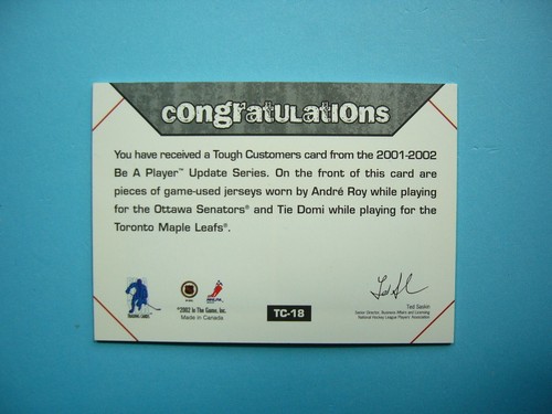 2001/02 IN THE GAME ITG BAP DUAL JERSEY TOUGH CUSTOMERS TC-18 ANDRE ROY TIE DOMI - Picture 2 of 2