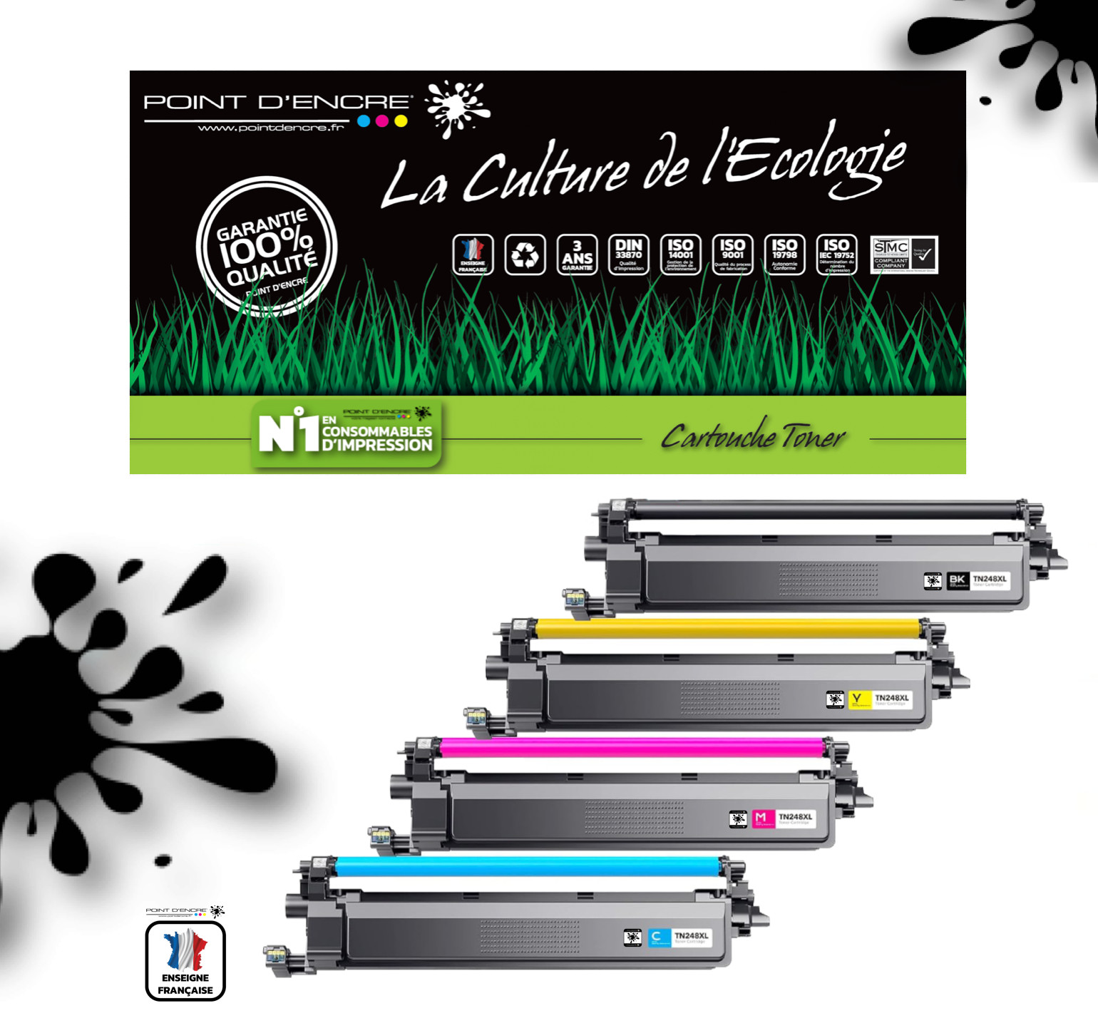 Toner TN248 XL Point d'Encre Compatible Brother Pack 4 Couleurs Noir Cyan Magenta Jaune