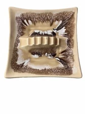 Vintage Tan Brown Drip 60s Pottery Ceramic Ashtray Square 10” MCM Made In USA