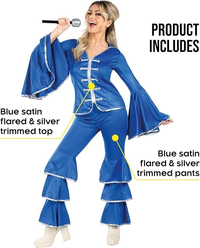 Mujer Años 70 Azul Bailando Reina Disfraz S-XXL Damas Pop Disco Conjunto Halloween Foto 2 de 4