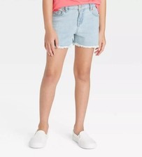 Girls Medium 7/8 Adjustable Waist Stretchy Light Denim Blue Jean Cut Off Shorts