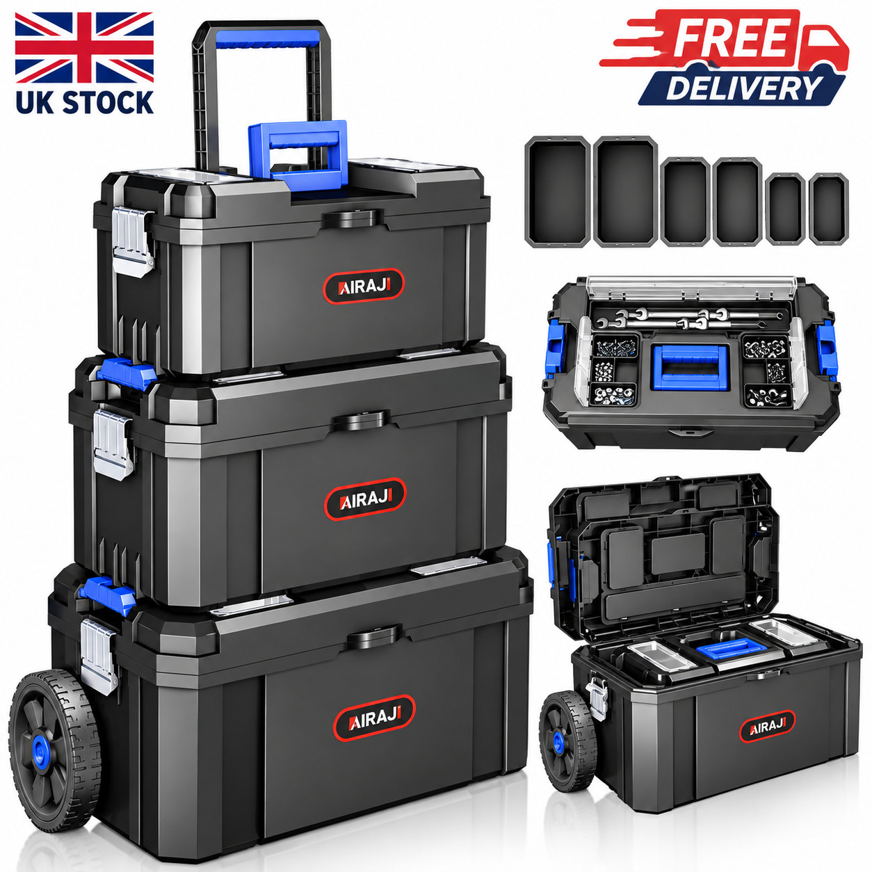 Rolling Mobile Tool Storage Box Trolley 3 Tier Stackable Tool Chest 17 19 21in