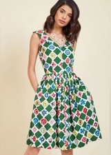 Emily & Finn Green Retro Diamond Floral Sleeveless Fit & Flare Dress Size XS