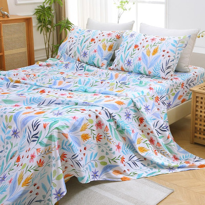 Queen Size Floral Sheet Set 4 Piece Colorful Leaves Pattern Deep Pocket Bedding
