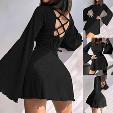 Women Flared Long Sleeve Party Dress Ladies Round Neck Backless Sexy Dresses