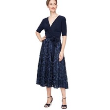 Alex Evenings Navy Sequin Rosette Lace Tea Length Dress 14 NEW