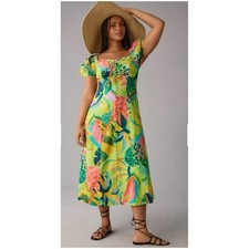 Farm Rio Anthropologie Dress Medium Green Tropical Puff Sleeve Linen Vacation