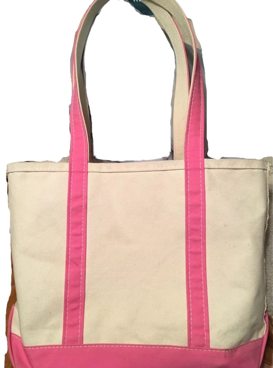 LL Bean Boat & Tote Pink Trim Tote Bag Vintage Long Handles Tote