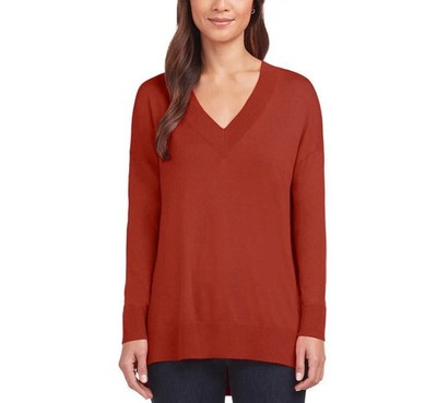 Womens Matty M V-Neck Sweater with Side Slits Brick Red Small S
