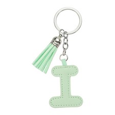 Initial Letter Keychain, Cute Leather Keychains with Tassel Letter I Light Green