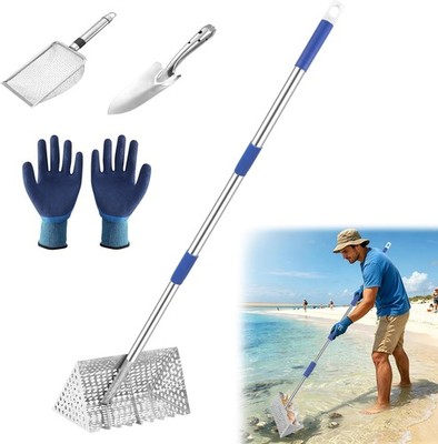 65'' Stainless Steel Shark Tooth Sand Flea Sifter Rake, 11'' Detachable Mesh Head