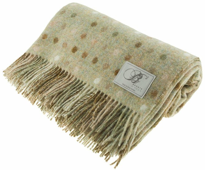 Shetland Wool Throw Blanket Sage Green Spot Reversible Bronte