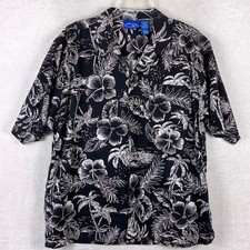 VTG OP Ocean Pacific Hawaiian Shirt Mens L Black White Floral Aloha Camp Rayon