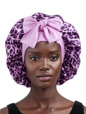 Purple Leopard Print Satin Sleep Bonnet With Bow For Women
