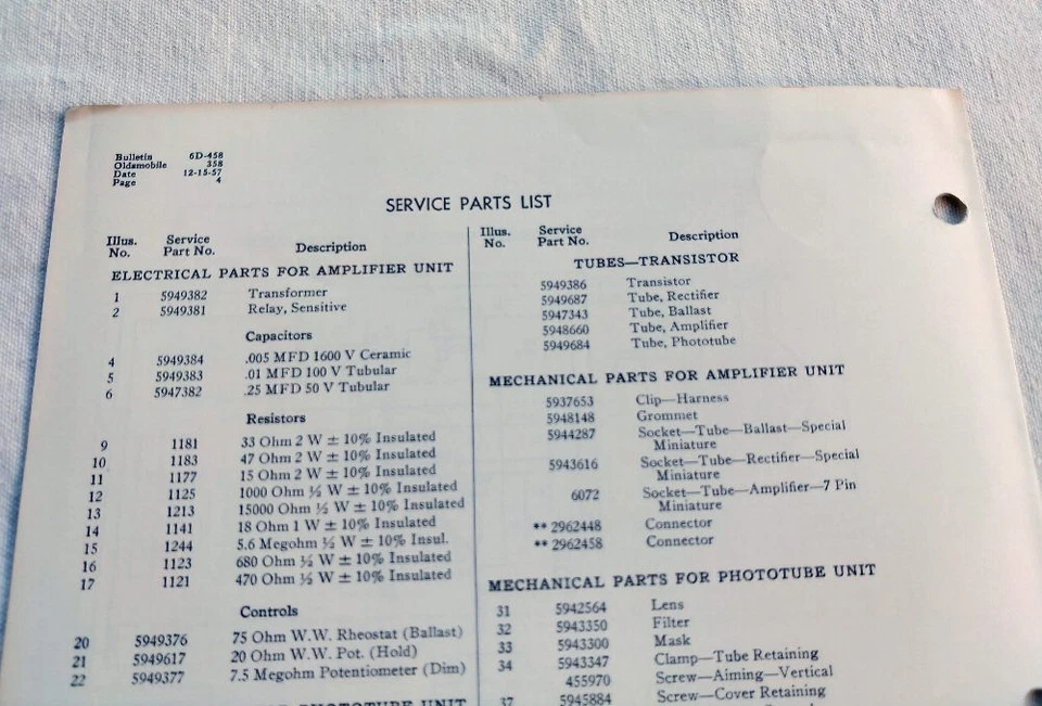 1958 Oldsmobile 98 Super 88 Original GM Autronic Eye Service/Repair Info NOS - Image 3 of 3