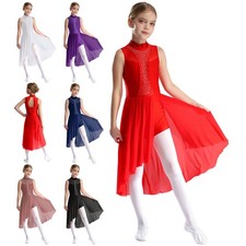 Kid Girls Lyrical Dance Costume Shiny Rhinestone Sleeveless Figure Skating Dress