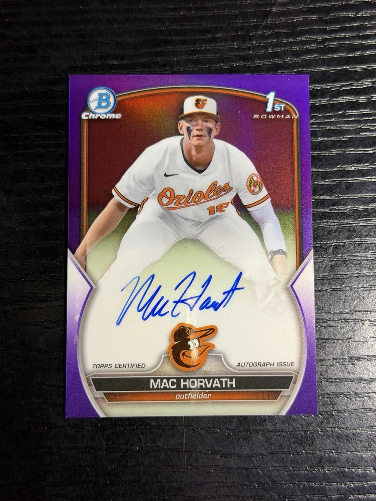 MAC HORVATH 2023 BOWMAN CHROME DRAFT 1ST PURPLE ORIOLES AUTO 001/250