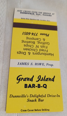 Grand Island Bar-B-Q Restaurant Dunnville ONT 30 Rear Strike Matchbook Cover