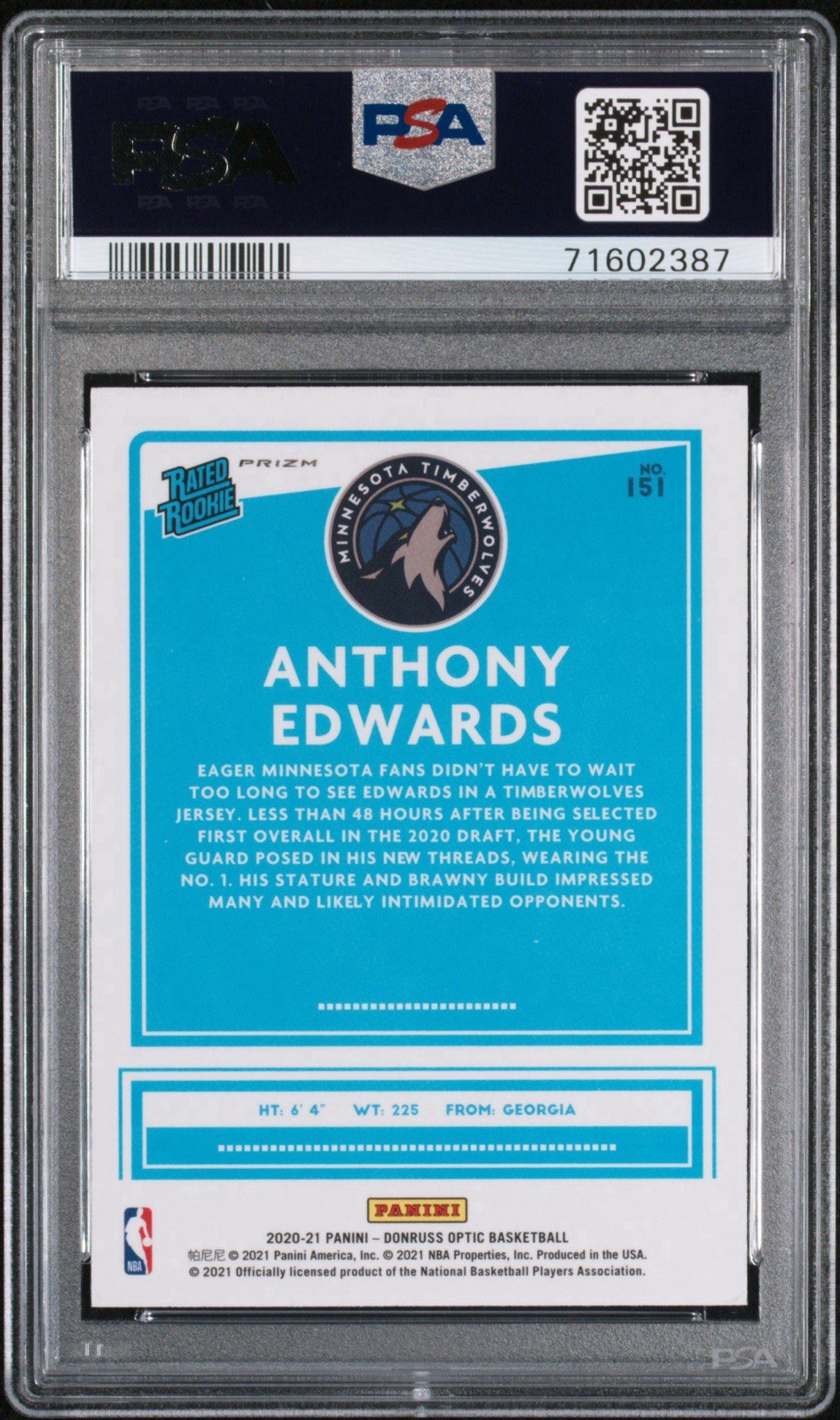 2020 PANINI DONRUSS OPTIC HOLO #151 ANTHONY EDWARDS RC ROOKIE PSA 10 view 2