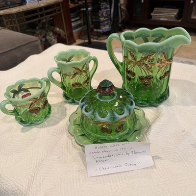 Mosser Glass, Opalescent Green, Cherry & Gold Design  est.1971 by Thomas mosser