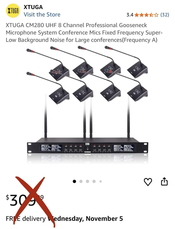 XTUGA CM280 UHF 8 Channel Professional Gooseneck Microphone System Conference - Image 3 of 4