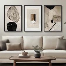 Framed Neutral Abstract Wall Art, Set of 3 Modern Canvas Prints Paintings Art...