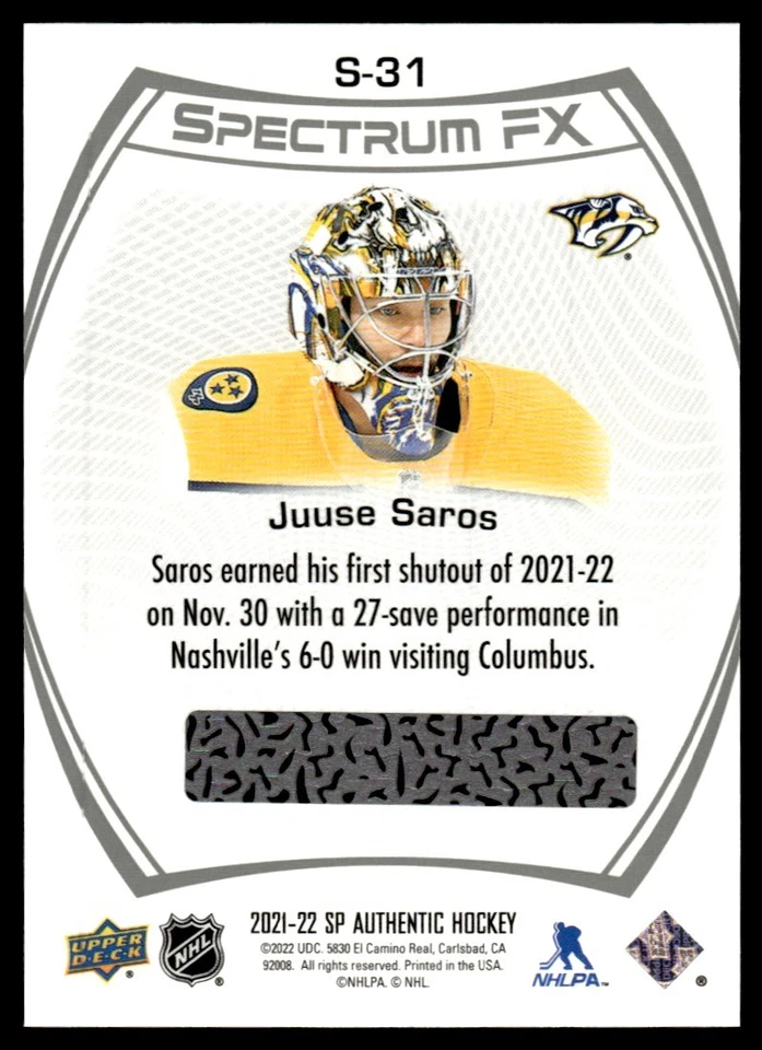 2021-22 SP Authentic Spectrum FX Juuse Saros Nashville Predators #S-31 - Image 2 of 2