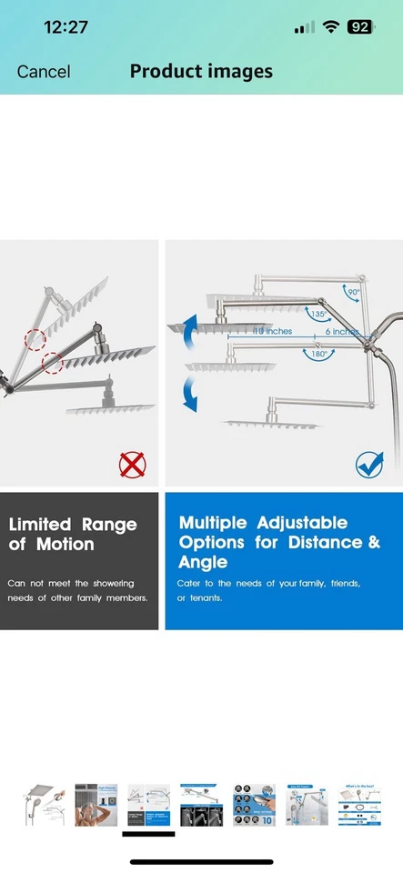 All Metal 12”Rain Shower Head with Handheld Spray Combo High Pressure Adjustable - Image 3 of 4