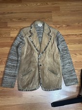 Vtg 70s Collageman Mens M Suede Leather Cable Knit Sweater Jacket Brown MCM