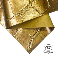 Gold Metallic Lambskin Leather Sheet With Water-Drop Dots Crocodile Texture 1670