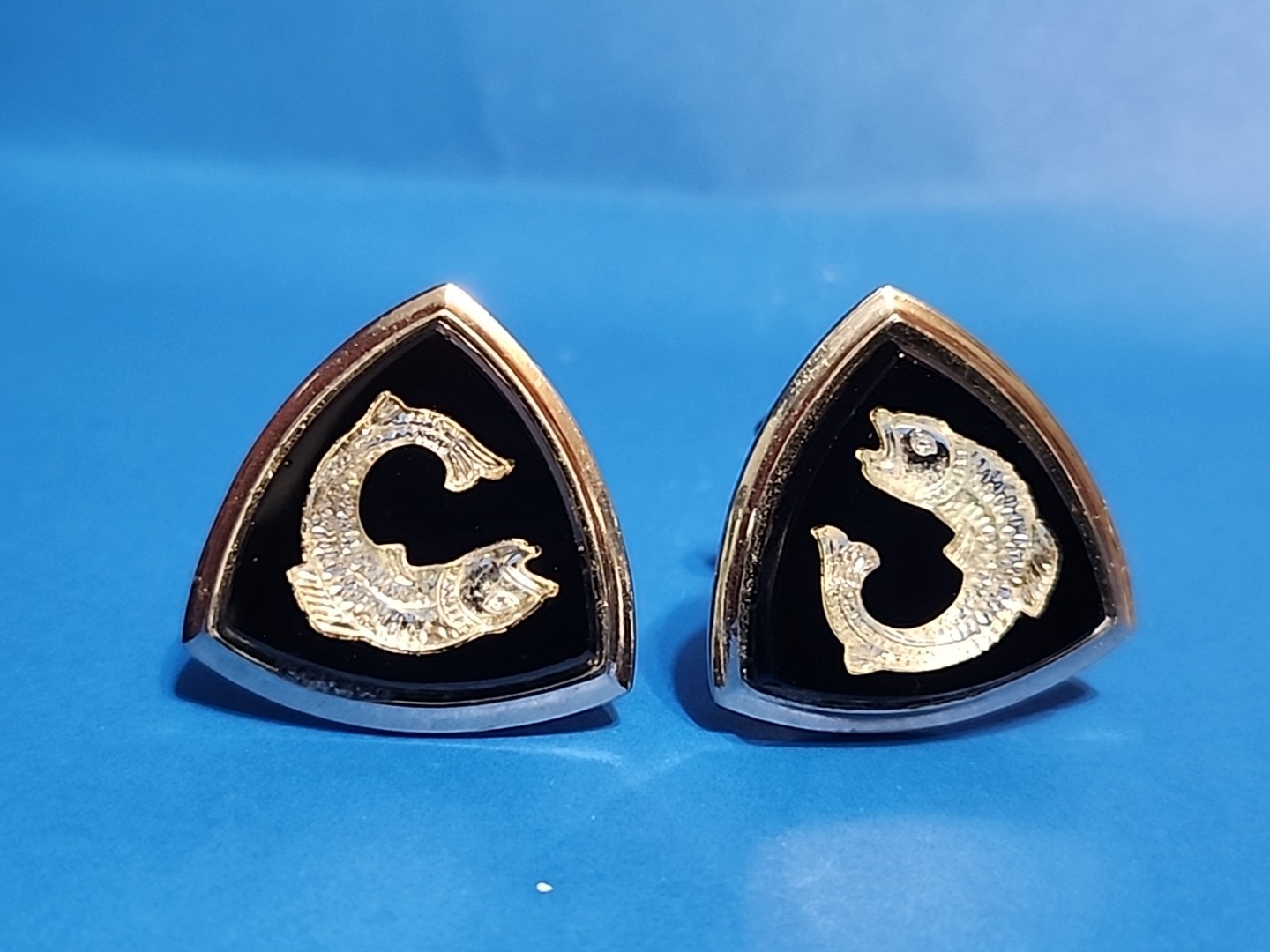 Fish Triangular Shape Bullet Back Silvertone Blac… - image 2