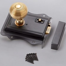 VINTAGE RETRO CLASSIC BLACK ANTIQUE RIM DOOR LOCK AGED BRASS BEEHIVE KNOB SET