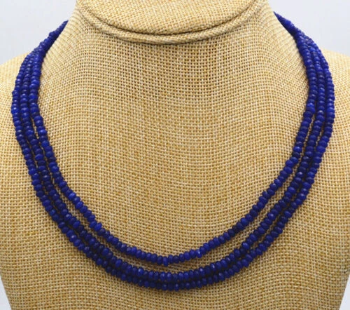 VETEMENTS "Collana Perline Rotondelle 3 Righe Sfaccettate 2x4 mm Blu Scuro Giada Rondelle 17 19"""